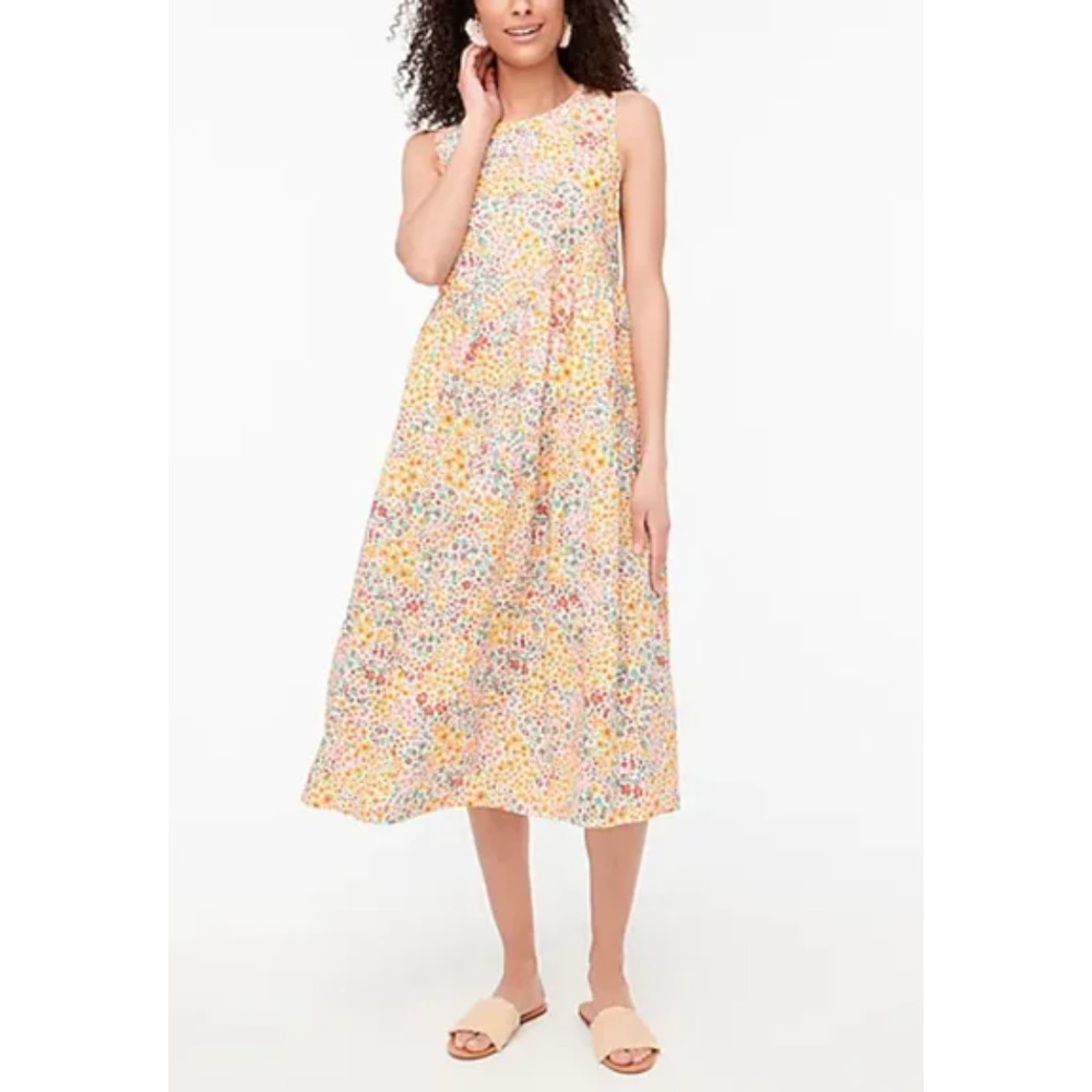 J.Crew Factory Mixed Floral Tiered Dress Womens 10 Yellow Sleeveless Midi